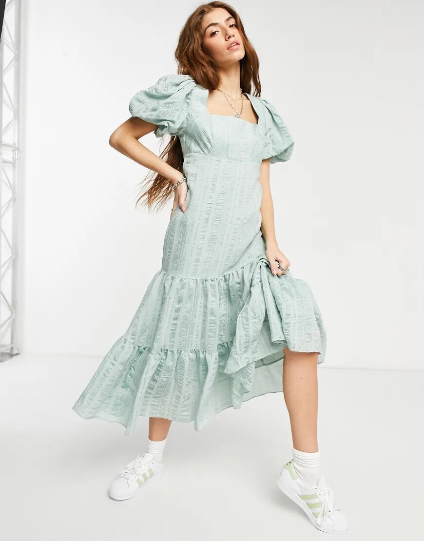 Forever New puff sleeve square neck midaxi smock dress with bow back in soft mint-Green  Green