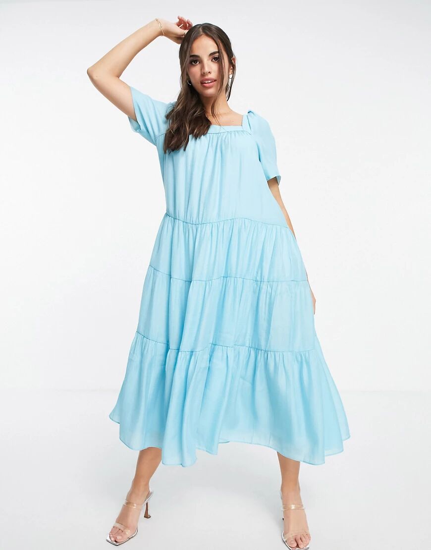 Forever New tiered volume sleeve smock midi dress in bright blue  Blue