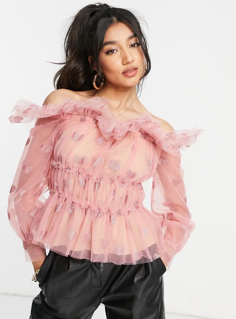 Forever U organza bardot top with love heart print in pink  Pink