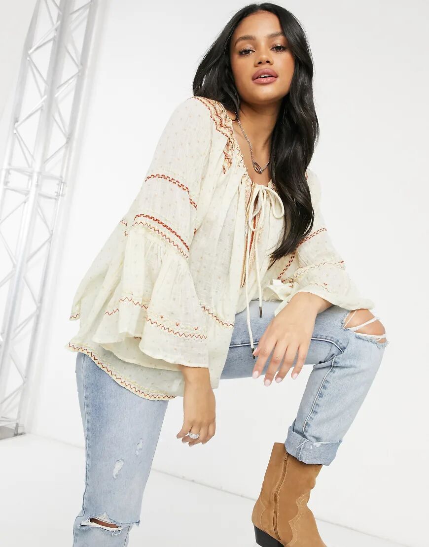 Free People Talia Embroidered Blouse in White  White