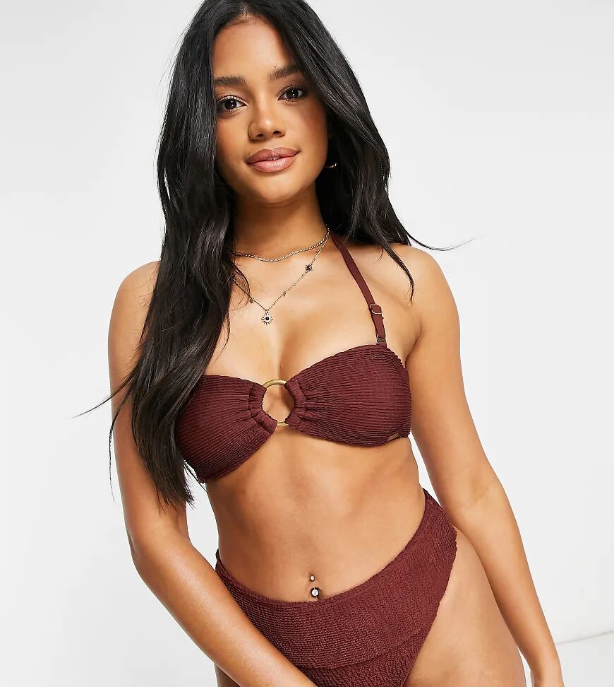 Free Society Exclusive mix and match crinkle ring bandeau bikini top in brown  Brown