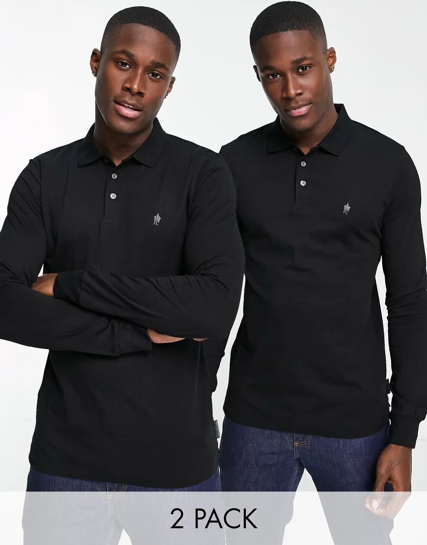 French Connection 2 pack long sleeve polo in black  Black