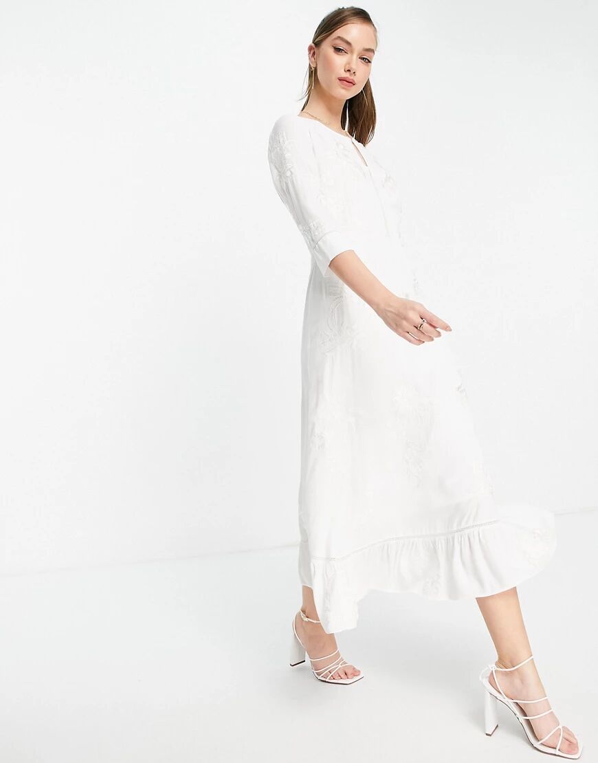 French Connection Dija embroidered midi dress in white  White