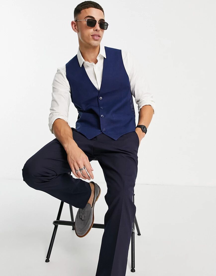 French Connection linen slim fit waistcoat-Blue  Blue