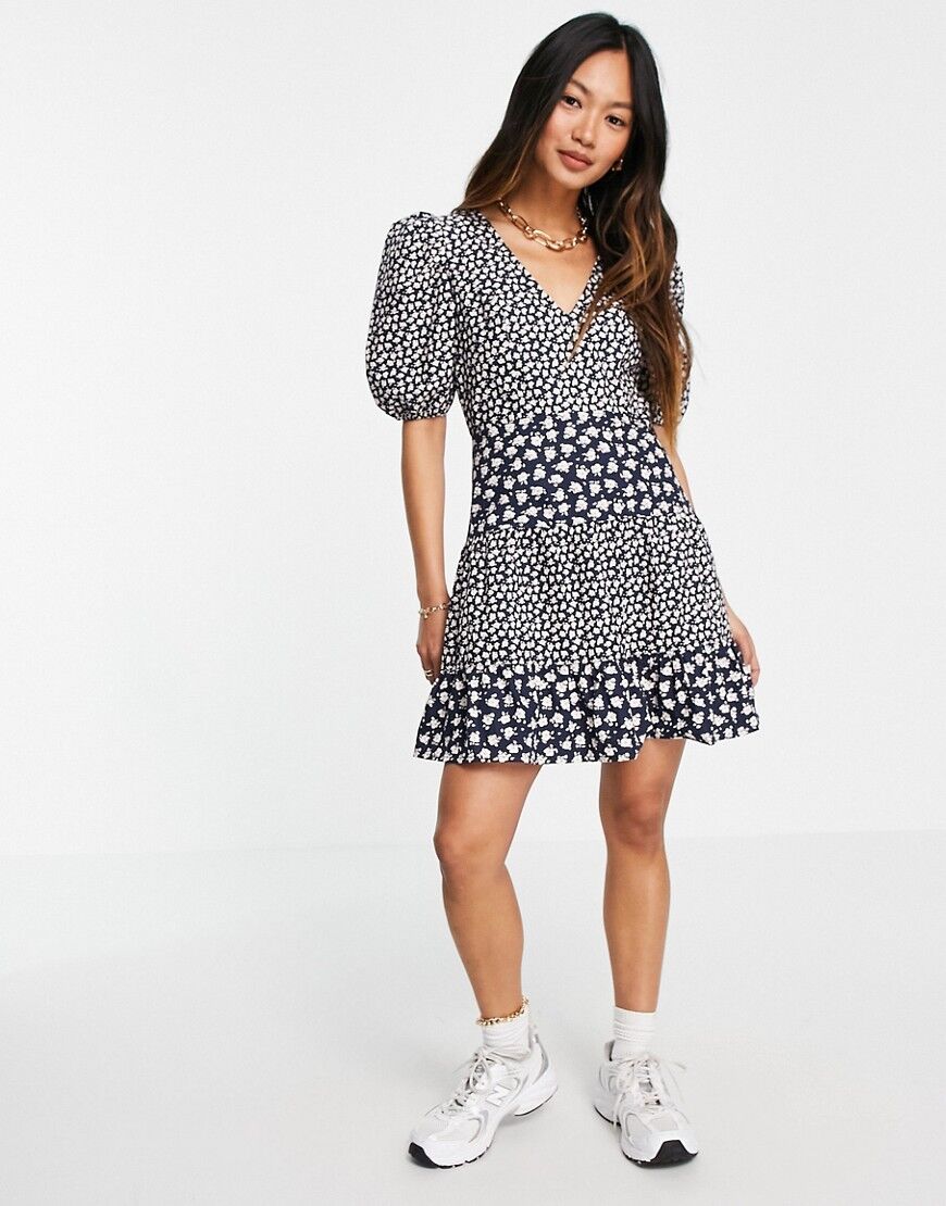 French Connection puff sleeve ditsy floral mini dress in blue  Blue