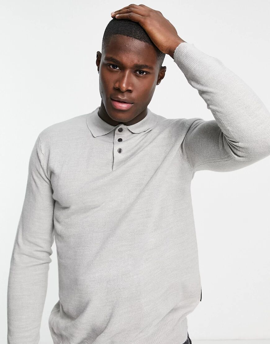 French Connection soft touch long sleeve knitted polo in light grey  Grey