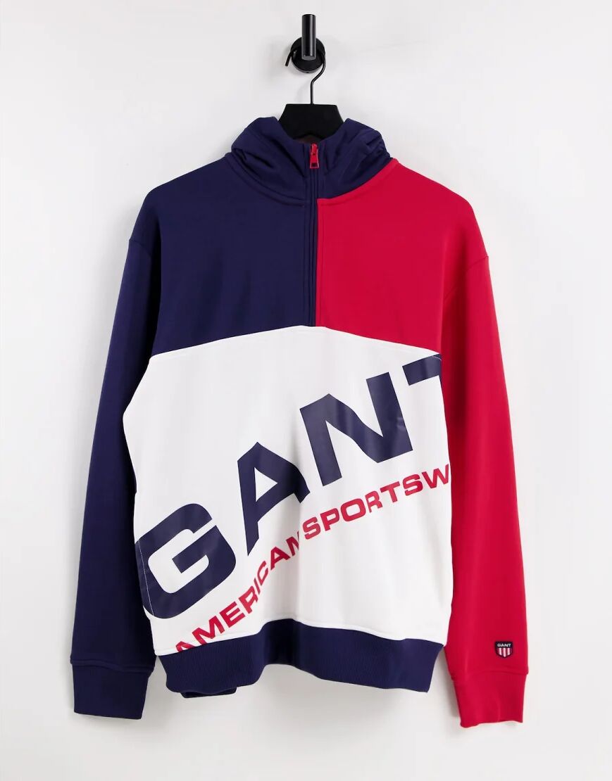 GANT retro logo colour block half zip hoodie in navy/red/white-Multi  Multi