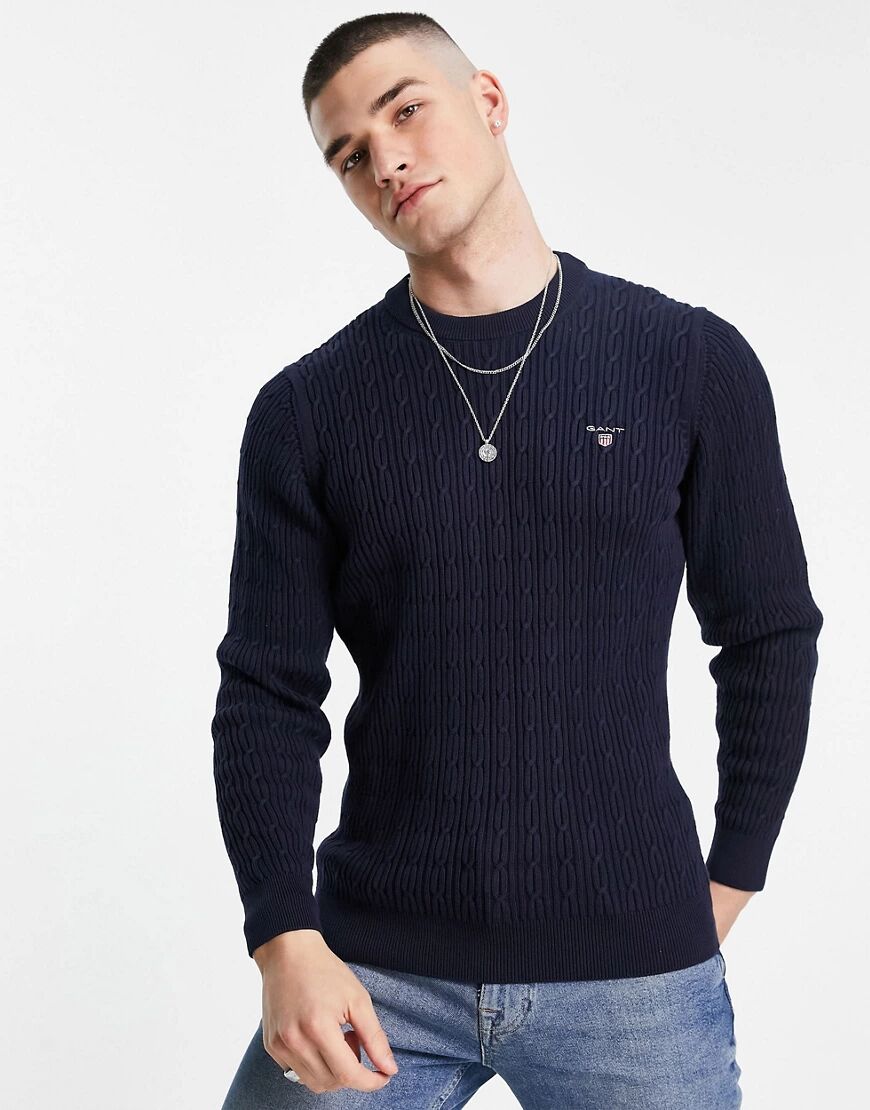 GANT shield logo cotton cable knit jumper in navy  Navy