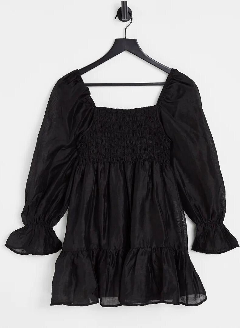 Ghospell mini smock dress with puff sleeves in black  Black