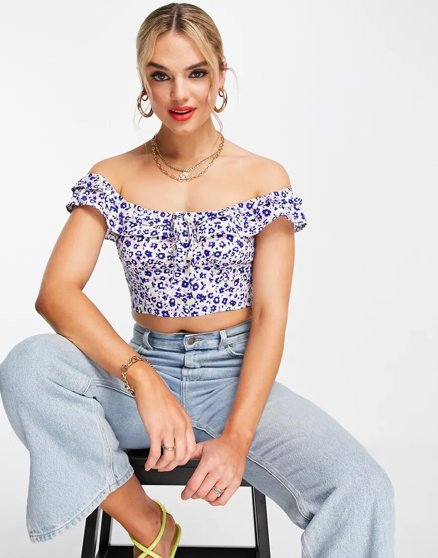 Glamorous crop off shoulder blouse in lilac floral-Purple  Purple