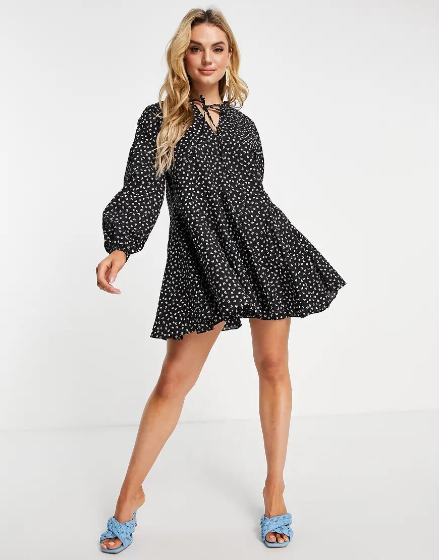 Glamorous mini swing dress with pleated hem in black mini floral  Black