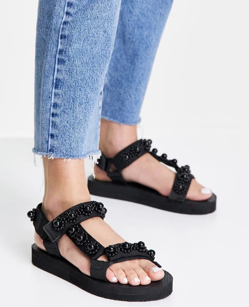 Glamorous sporty sandals with pearl detail in black  Black