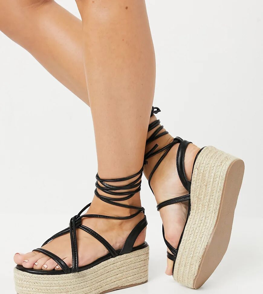 Glamorous Wide Fit flatform espadrille sandals in black  Black