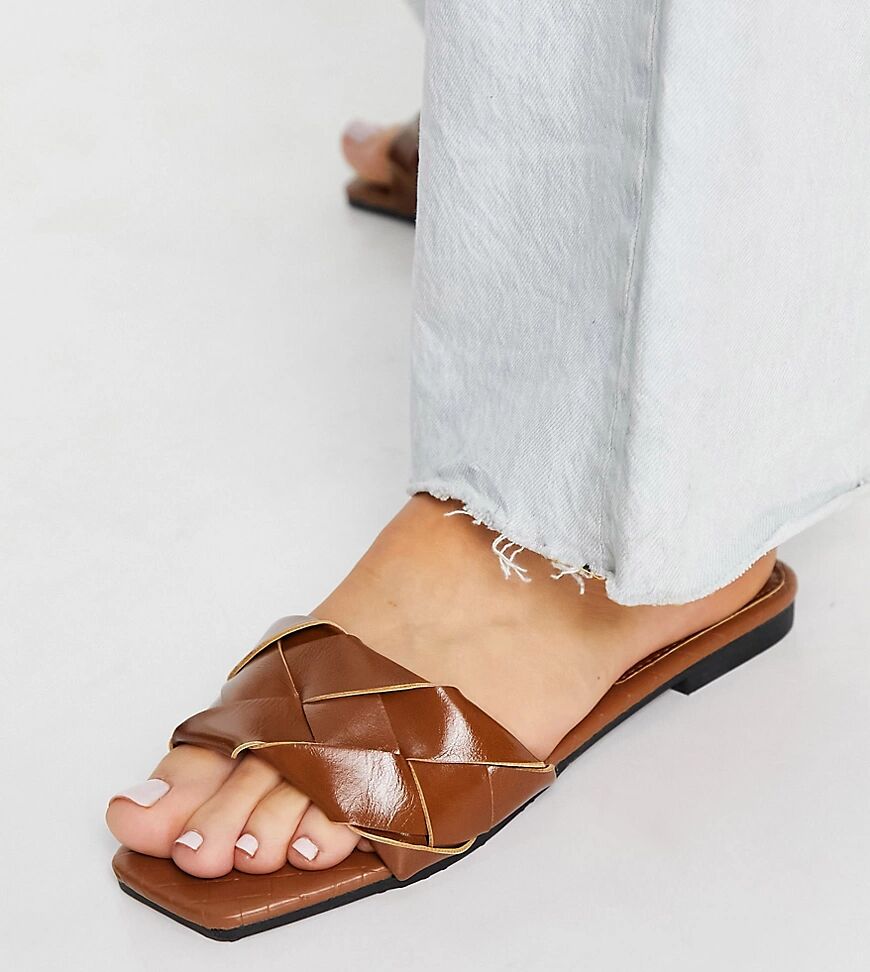 Glamorous Wide Fit woven flat slides in brown  Brown