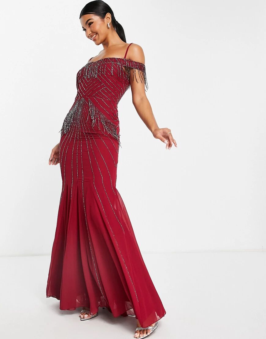 Goddiva embroidered bardot maxi dress in wine  Red