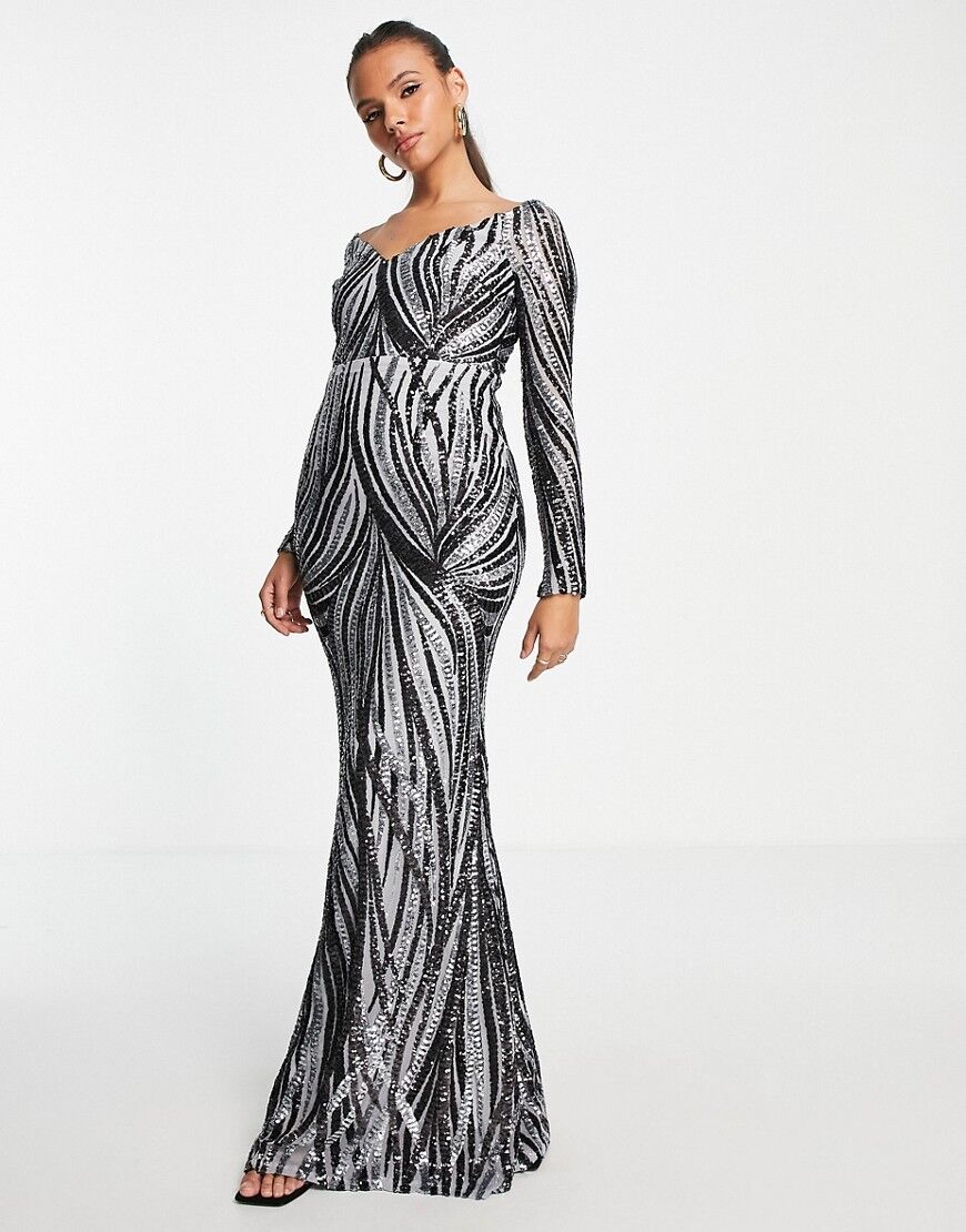 Goddiva embroidered off shoulder long sleeved maxi dress in grey and black-Silver  Silver