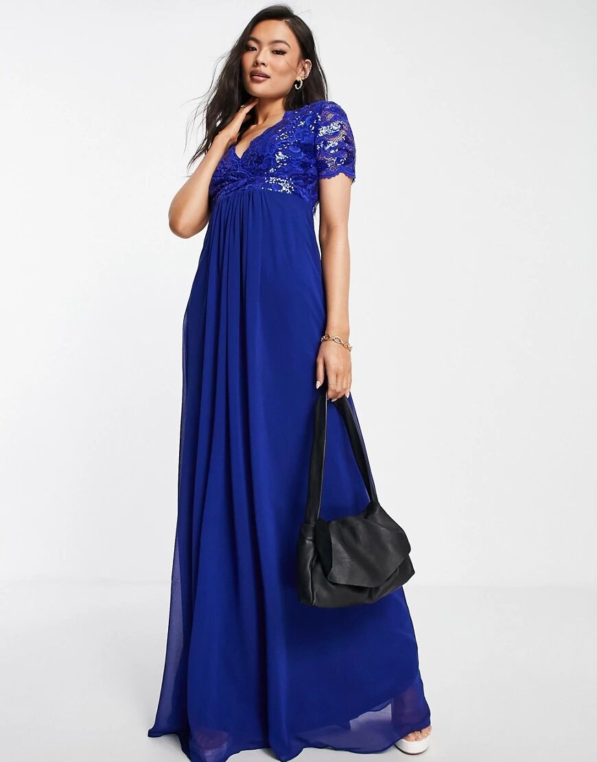 Goddiva lace detail maxi dress with full skirt in royal blue  Blue