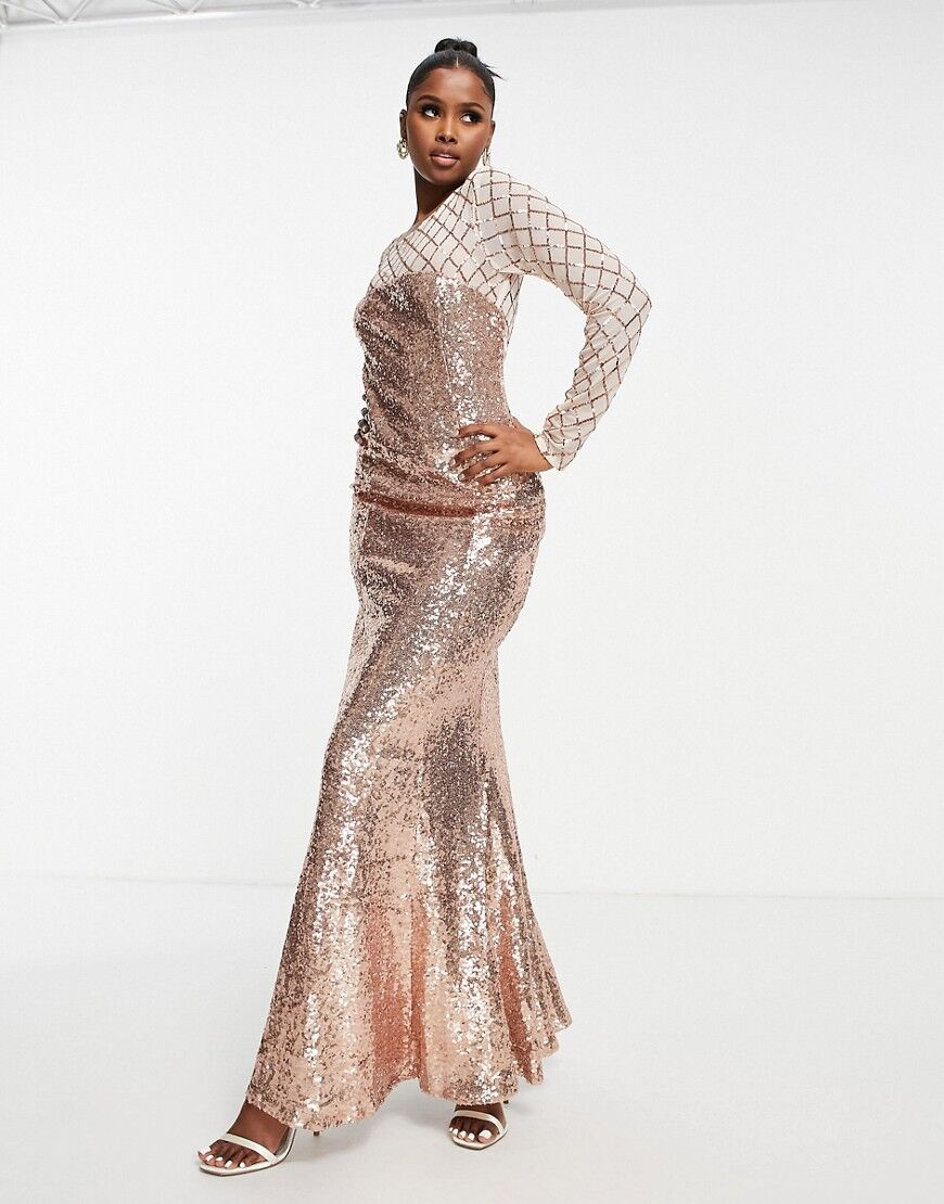 Goddiva long sleeved sequin maxi dress with fishtail in champagne-Pink  Pink