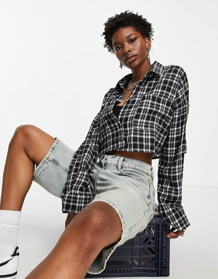 Heartbreak cropped shirt co-ord in black check-Multi  Multi