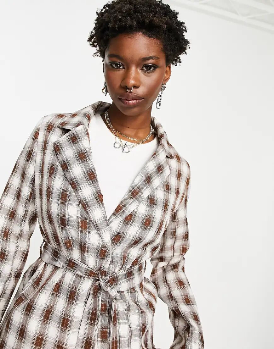 Heartbreak tie waist blazer co-ord in neutral check-Brown  Brown