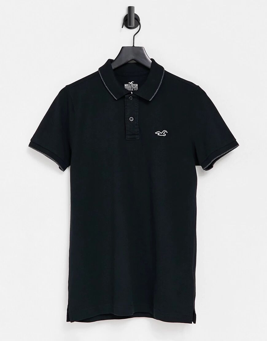 Hollister icon logo muscle fit tipped pique polo in black  Black