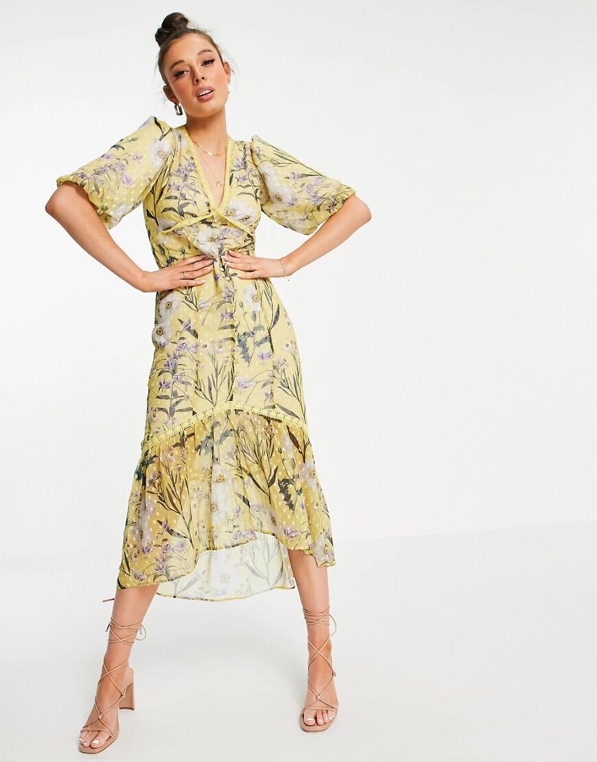 Hope & Ivy balloon sleeve drop hem midi dress in yellow daisy print  Yellow