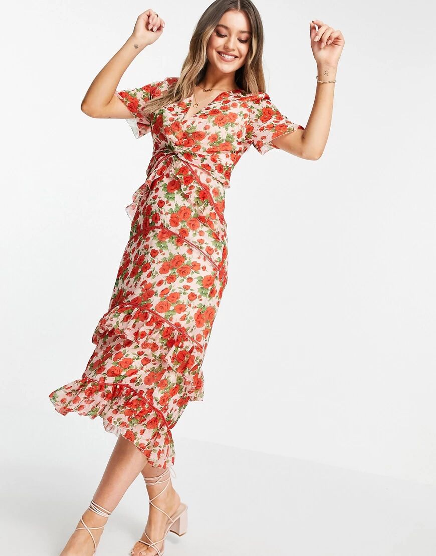 Hope & Ivy Made with Liberty Fabric tiered frill midi dress in poppy print  Red