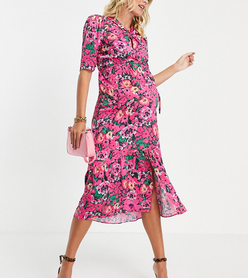 Hope & Ivy Maternity puff sleeve midi dress in bright fuchsia pink floral print  Pink