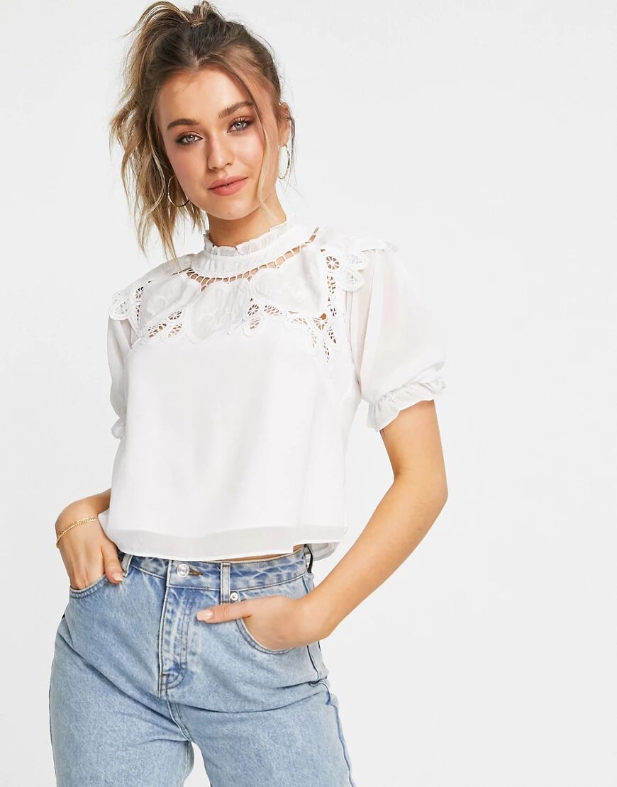 Hope & Ivy oversized collar blouse with broderie in ivory-White  White