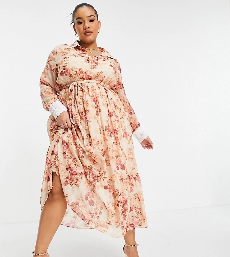 Hope & Ivy Plus collared shirt dress with wrap tie and drop hem in blush floral-Pink  Pink