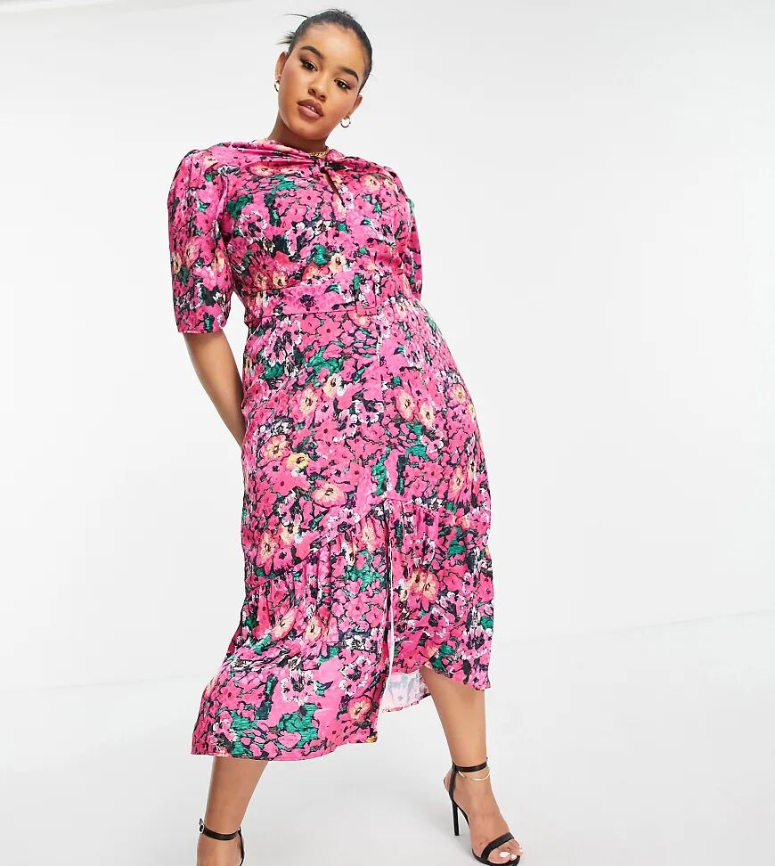 Hope & Ivy Plus puff sleeve midi dress in bright fuchsia pink floral print  Pink