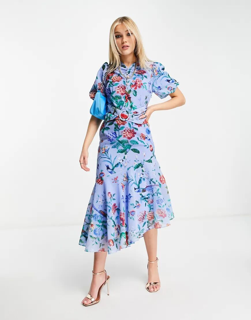 Hope & Ivy puff sleeve asymmetric belted midi dress with poppy print in bright blue  Blue