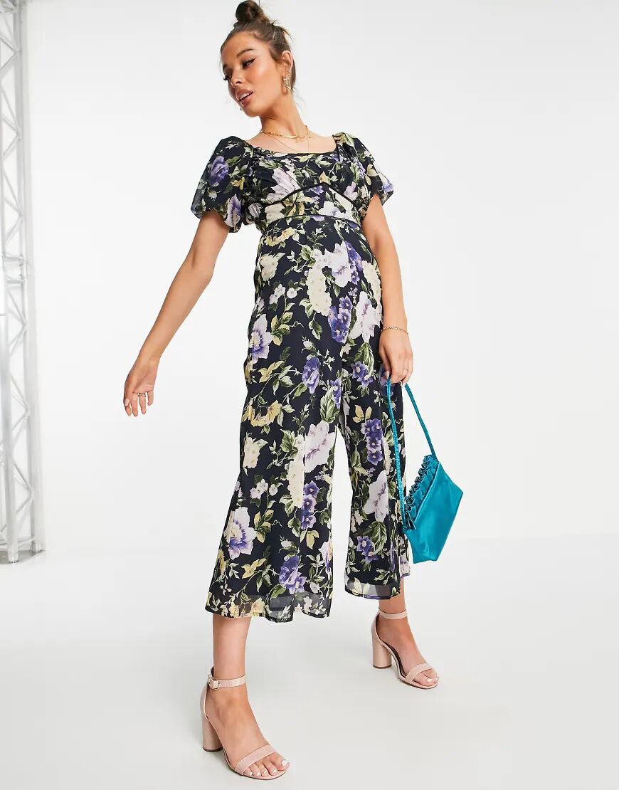 Hope & Ivy puff sleeve wide leg jumpsuit in navy floral  Navy