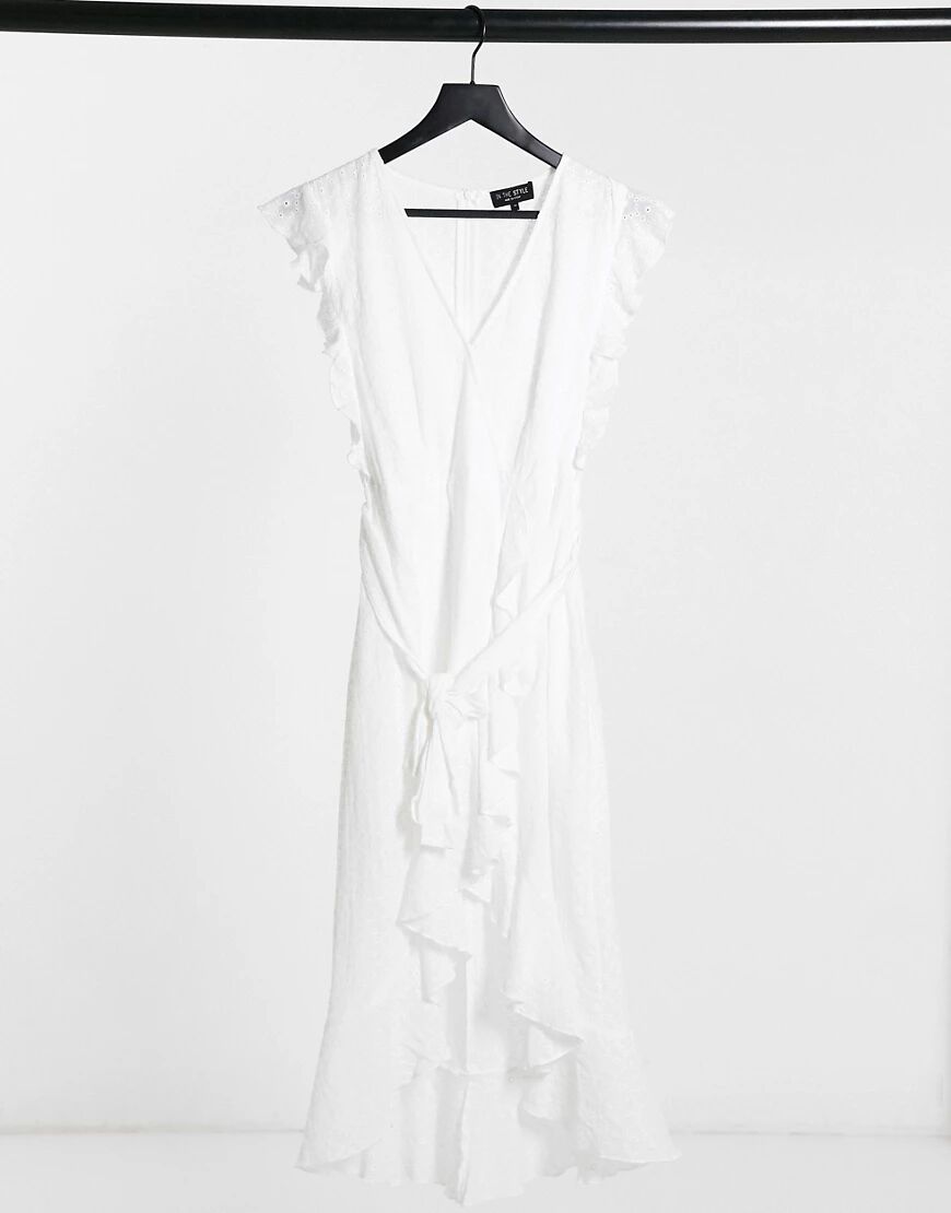 In The Style broderie wrap front midi dress in white  White