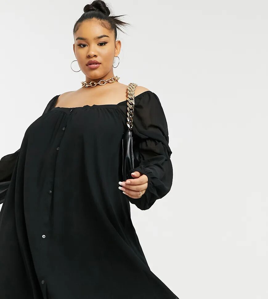 In The Style Plus x Lorna Luxe mini swing dress with button detail in black  Black