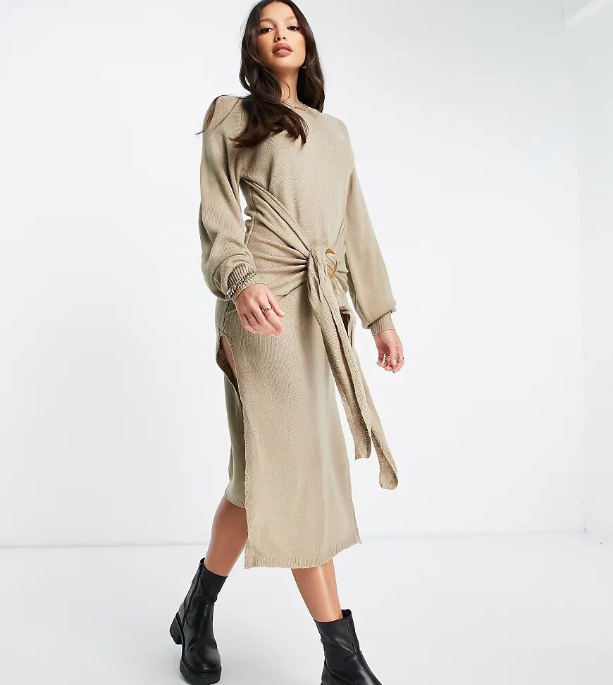 In The Style Tall x Lorna Luxe split front belt detail midi dress in stone-Neutral  Neutral