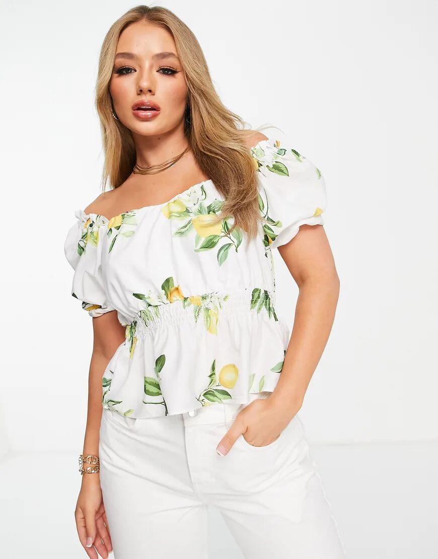 In The Style x Stacey Solomon puff sleeve ruched top in summer lemon print-Multi  Multi