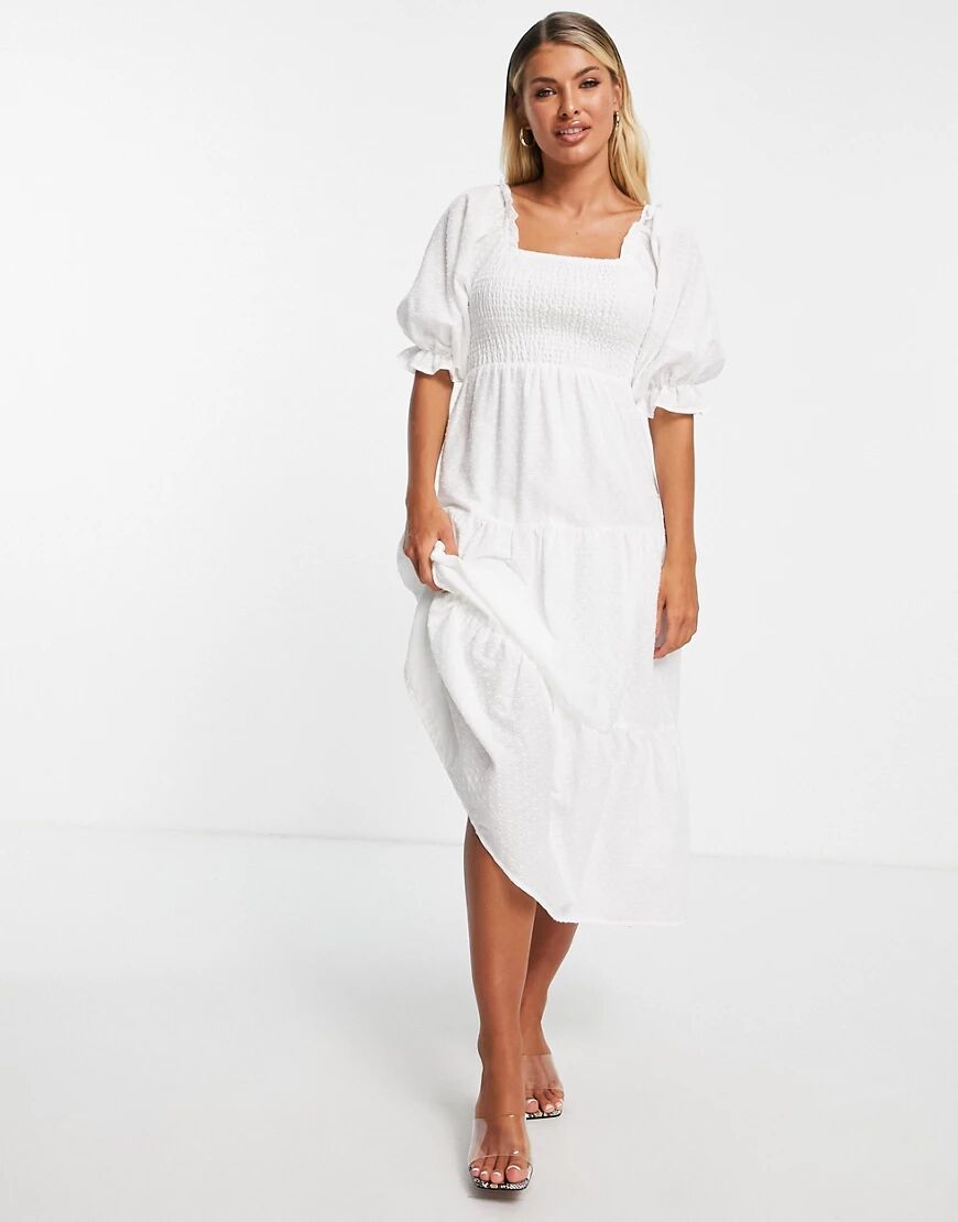 In The Style x Stacey Solomon shirred detail puff sleeve tiered midi dress in stone-Neutral  Neutral