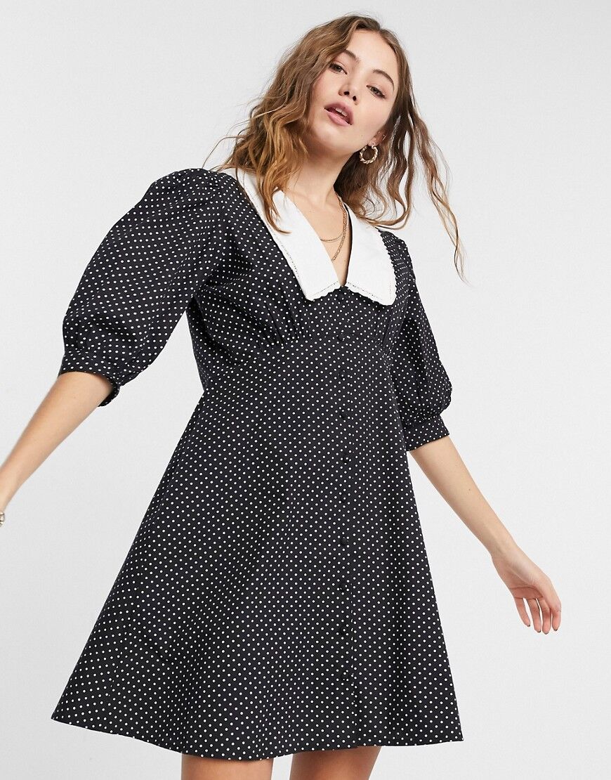 Influence collared cotton poplin polka dot mini dress in black  Black