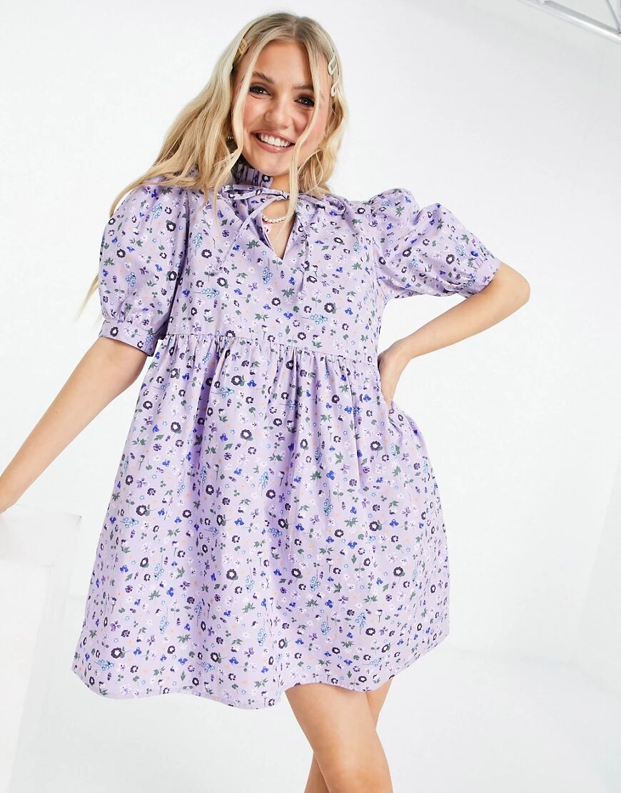 Influence high neck printed cotton mini smock dress in floral print-Blue  Blue