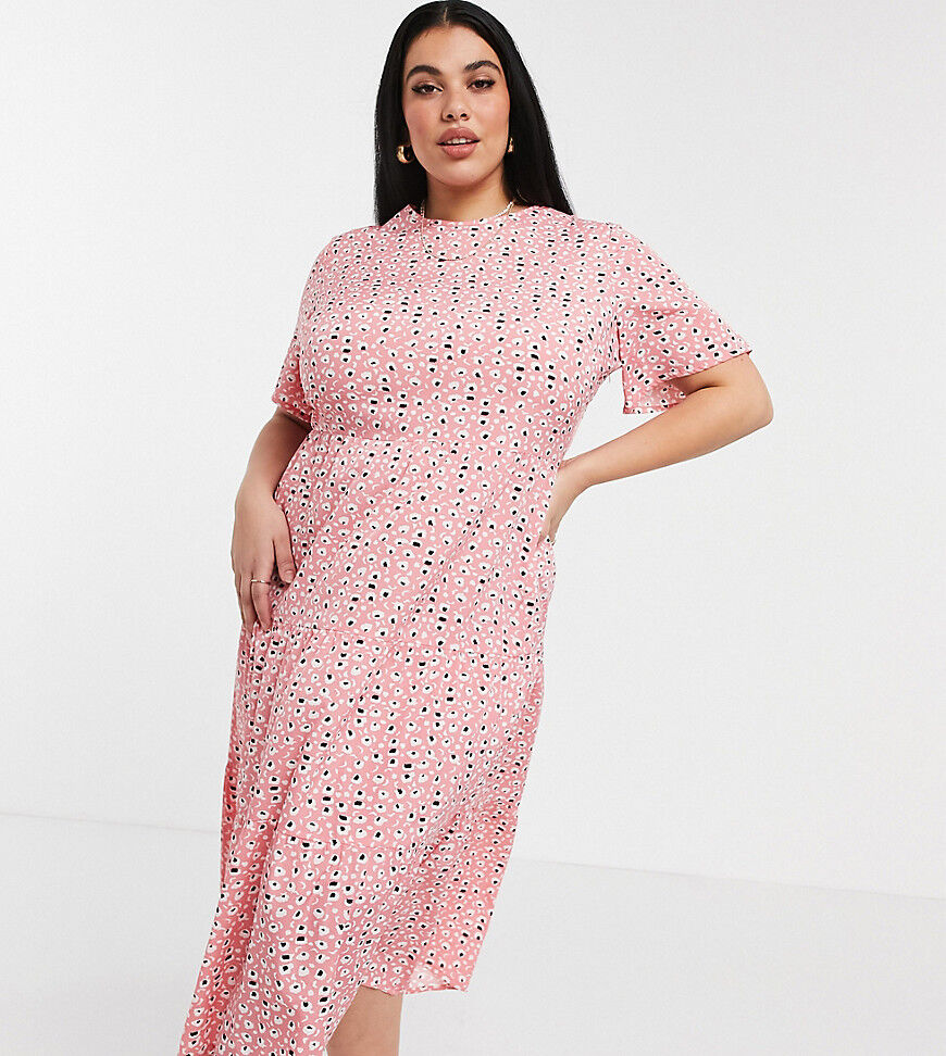 Influence Plus tiered midi dress in pink splodge print  Pink