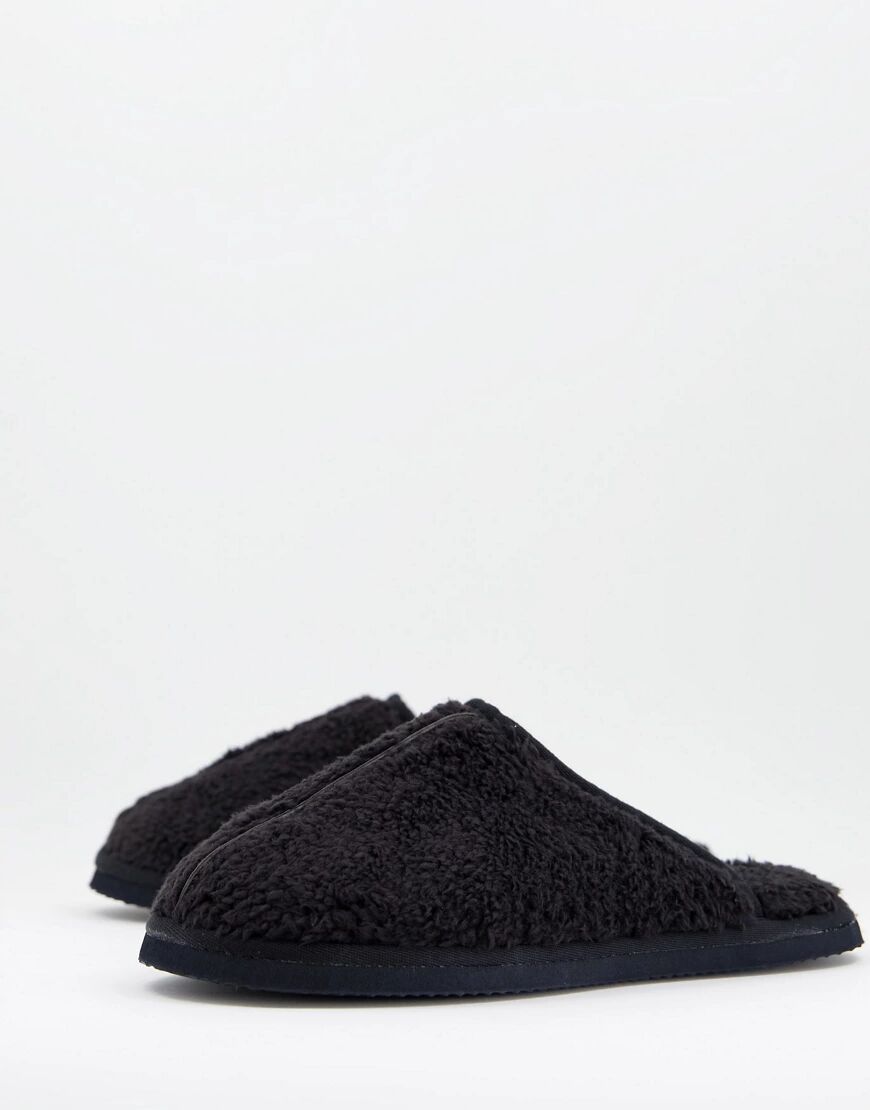 Jack & Jones all over borg slippers in black-Grey  Grey