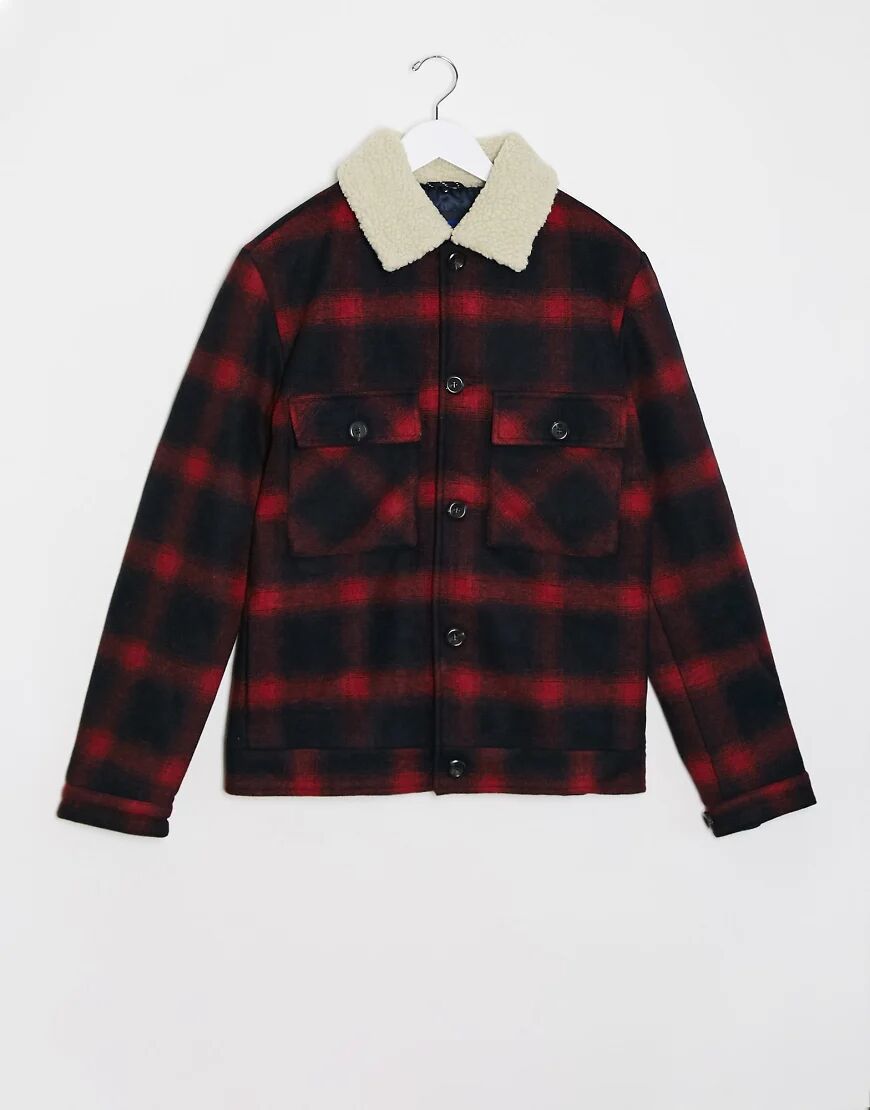 Jack & Jones checked trucker wool jacket with borg-Red  Red