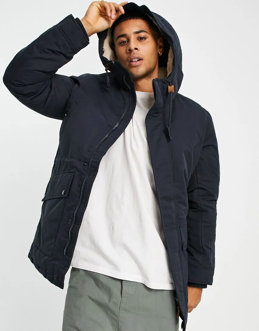 Jack & Jones Essentials parka with fleece lined hood in navy-Black  Black