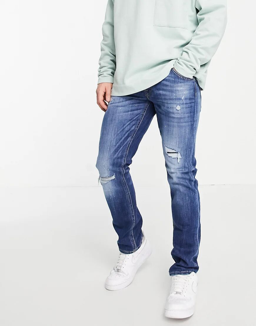 Jack & Jones Intelligence Glenn slim jeans with rips in dark blue  Blue