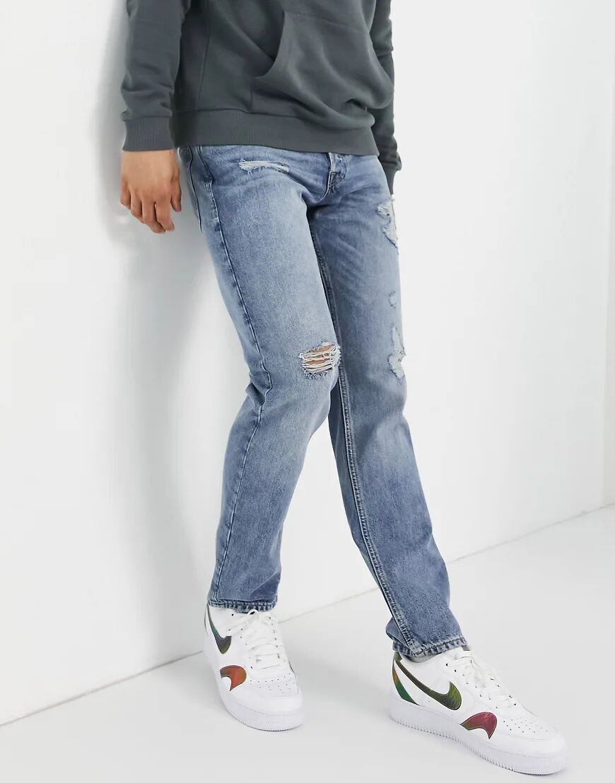 Jack & Jones Intelligence Mike straight jeans with rips in light blue  Blue