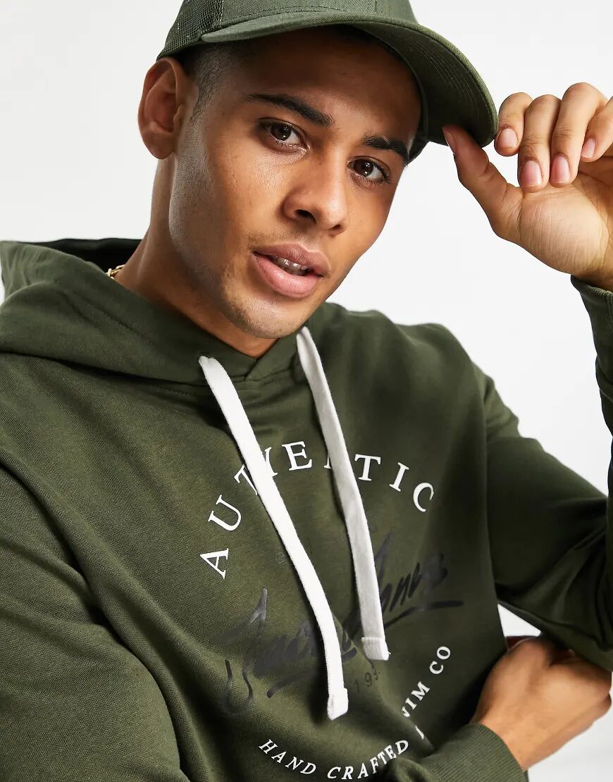 Jack & Jones logo overhead hoodie in forest green  Green