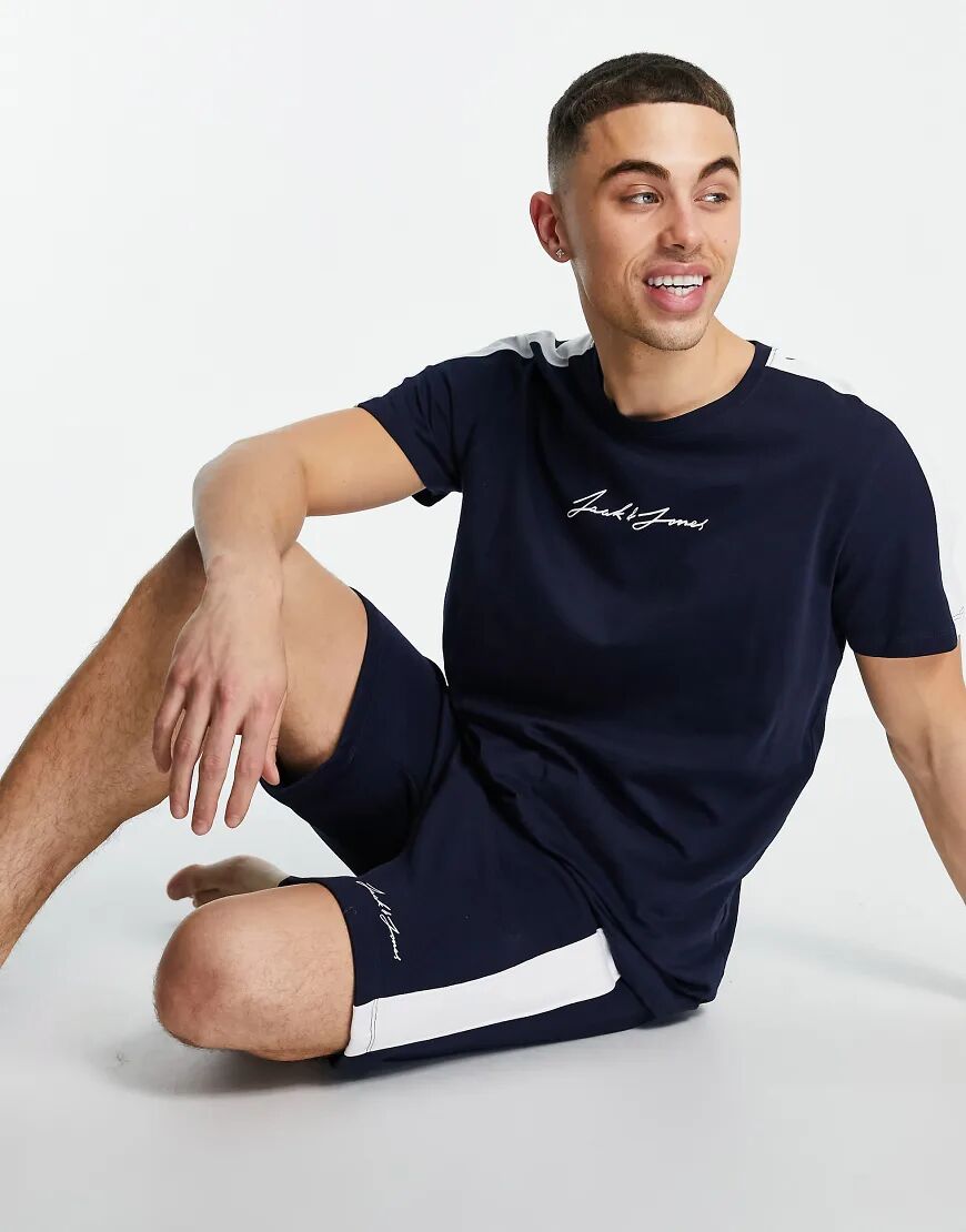 Jack & Jones Originals t-shirt & short set with side stripe in navy  Navy