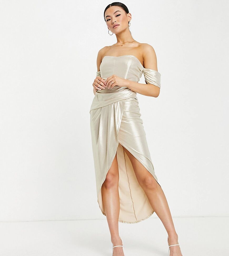 Jaded Rose exclusive off shoulder drape midi dress in metallic champagne-Gold  Gold
