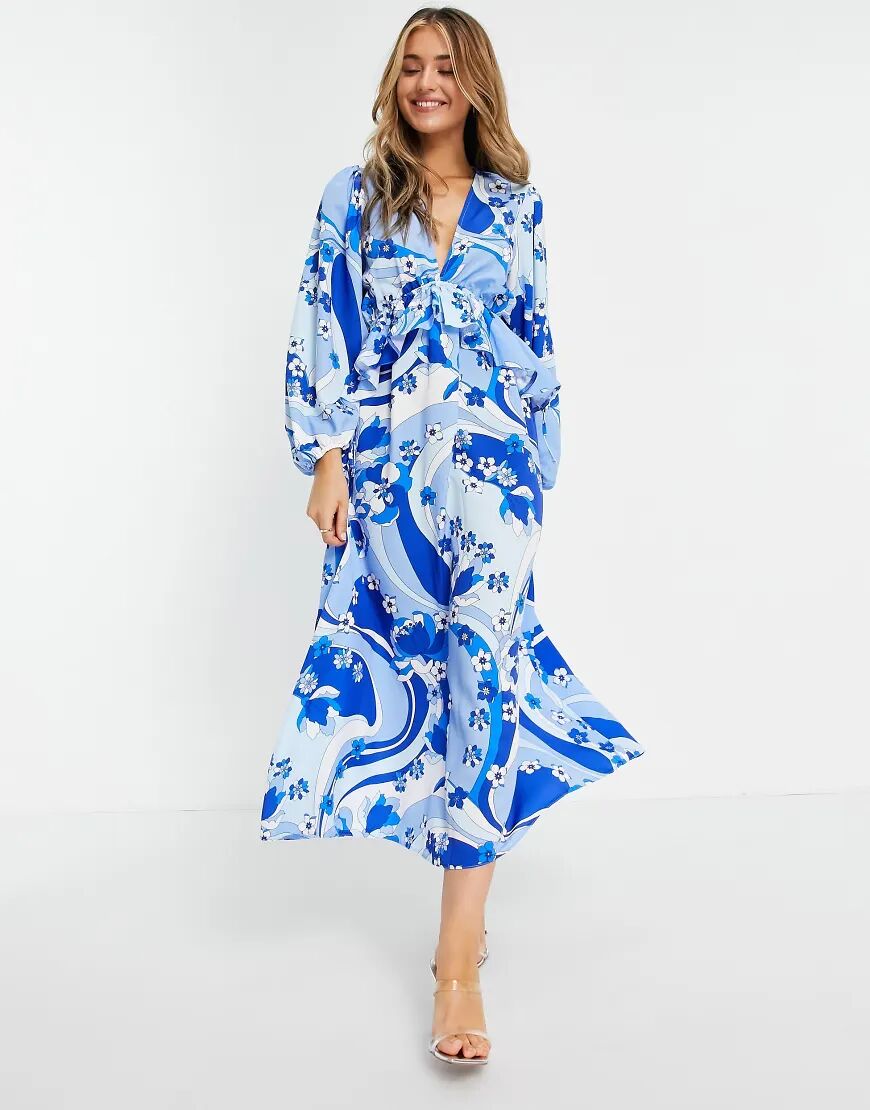 John Zack exclusive plunge front tiered ruffle maxi dress in multi blue swirl print  Multi